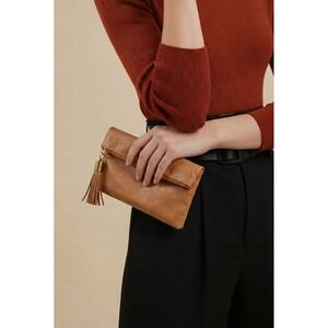 India Hicks London Harbour Island Tan Leather Foldover Tassel Clutch Bag